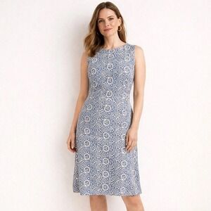 Brooks Brothers Petite Blue Embroidered Floral Cotton Sheath Dress 8P Sleeveless